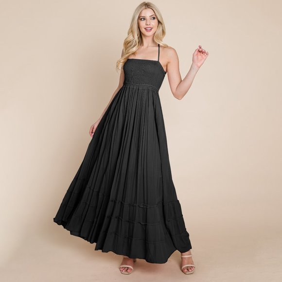Smocked Flowy Boho Pleated Backless Maxi Dress - Picture 1 of 16